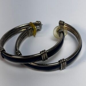 Hoop Earrings Silver Tone Navy Blue Enamel Ribbed Accent Post Back